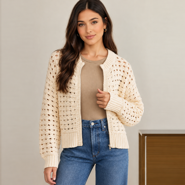 Soft Breeze Crochet Zip Cardigan