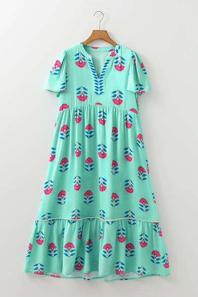 Turquoise Lotus Charm Midi Dress