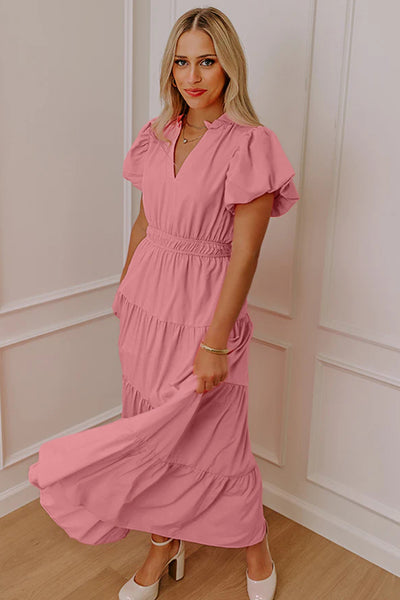 Blush Tiered Puff Sleeve Maxi Dress
