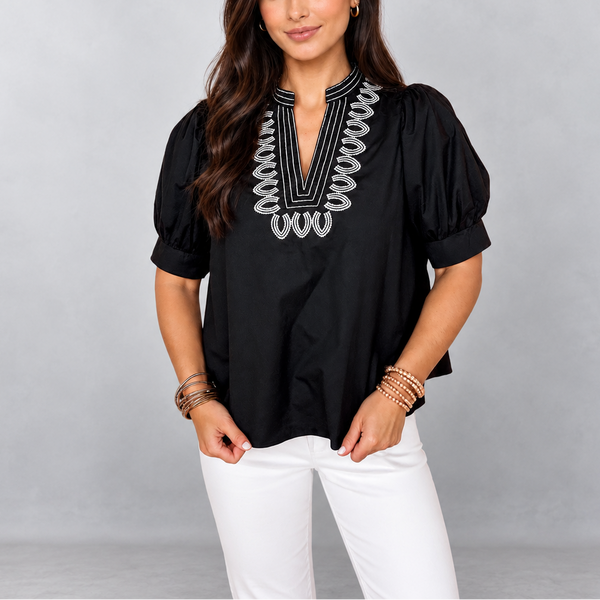 Ebony Embroidered Peasant Blouse