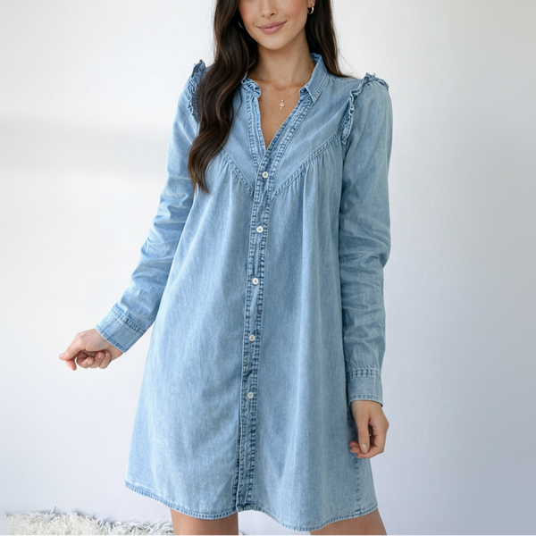 Sky Denim Ruffle Yoke Shirt Dress