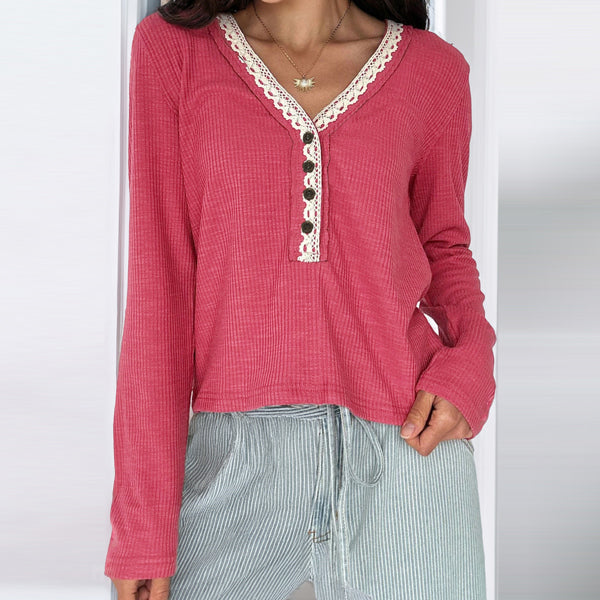 Rosy Haven Lace-Trim Henley Top
