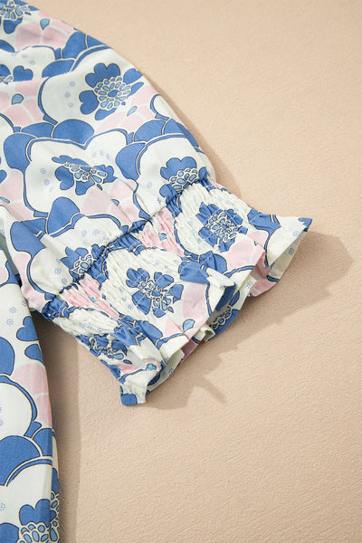 Azure Blossom Shirred Neck Blouse