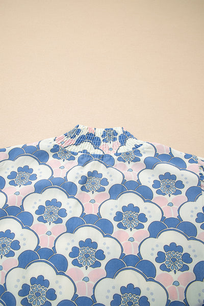 Azure Blossom Shirred Neck Blouse
