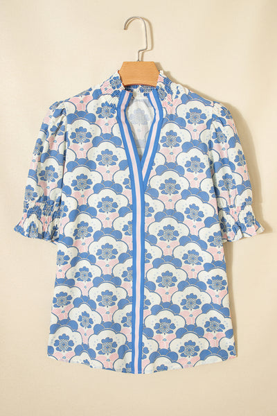 Azure Blossom Shirred Neck Blouse