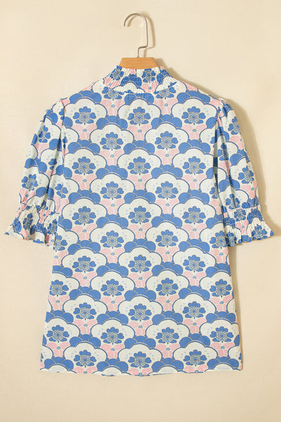 Azure Blossom Shirred Neck Blouse