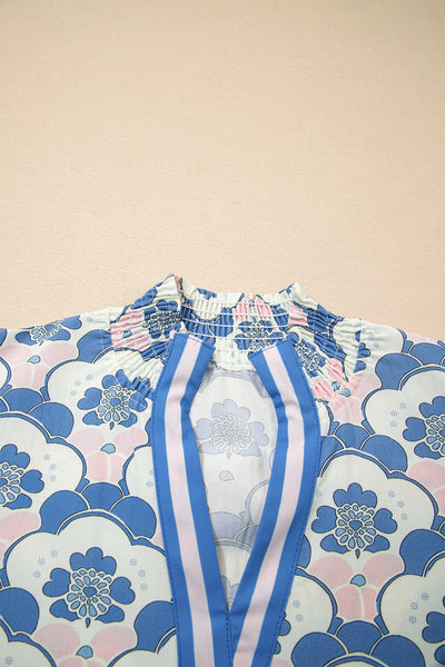 Azure Blossom Shirred Neck Blouse
