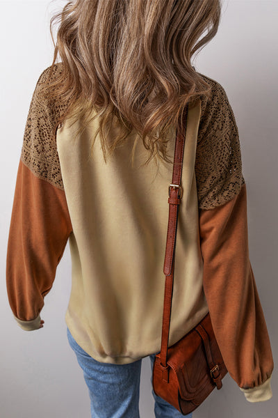 Rust Contrast Lace Sleeve Sweatshirt