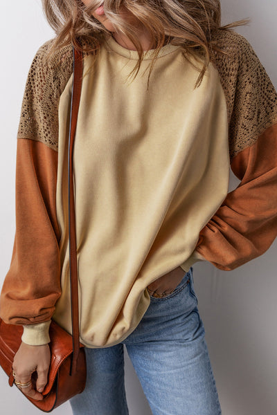 Rust Contrast Lace Sleeve Sweatshirt