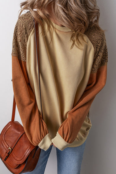 Rust Contrast Lace Sleeve Sweatshirt