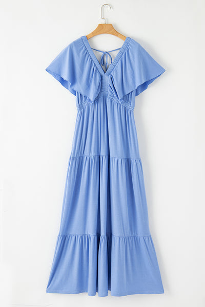Sky Blue Flutter Sleeve Tiered Maxi Dress