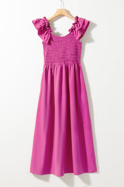 Magenta Ruffle Smocked Maxi Dress