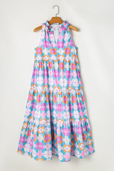 Rainbow Bloom Ruffle Tiered Midi Dress