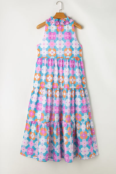 Rainbow Bloom Ruffle Tiered Midi Dress