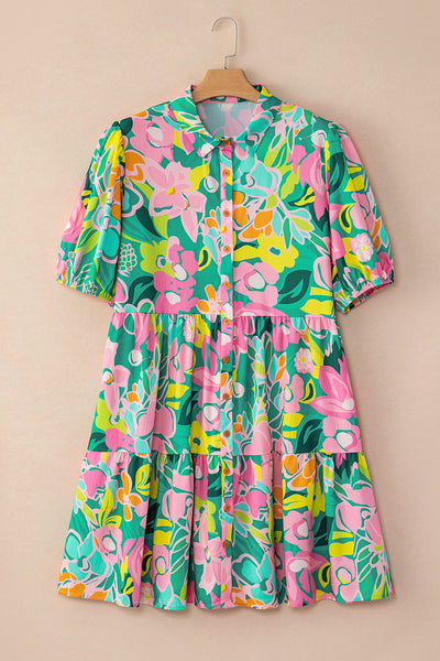 Tropical Bloom Button-Up Babydoll Dress