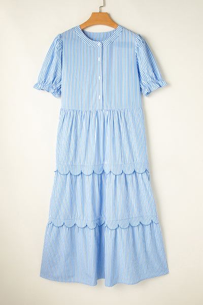 Sky Stripe Scallop Tier Midi Dress