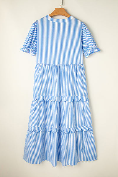 Sky Stripe Scallop Tier Midi Dress