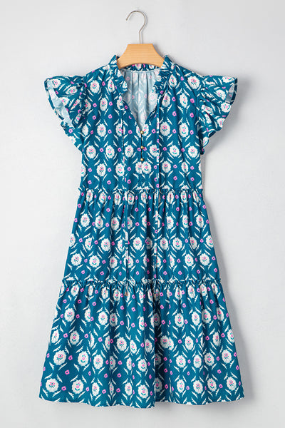 Teal Blossom Ruffle Tier Mini Dress