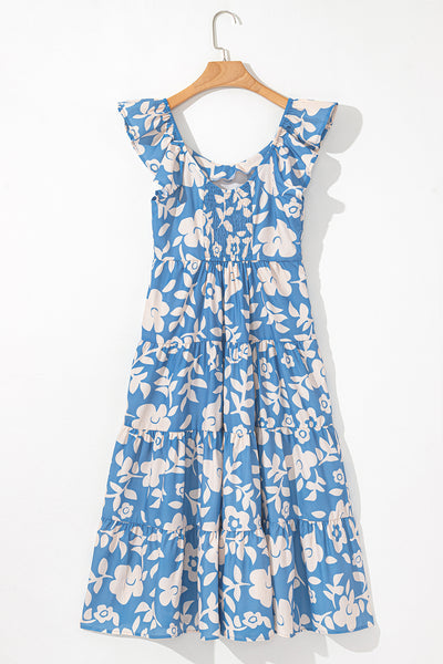 Blue Floral Ruffle Tiered Midi Dress