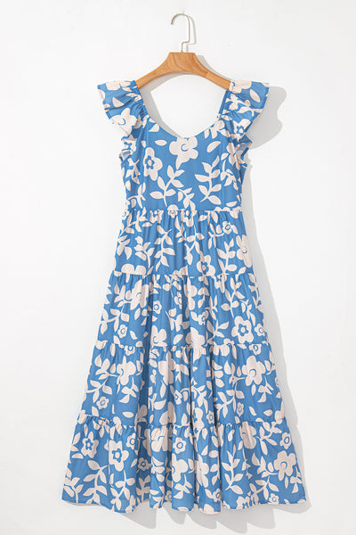 Blue Floral Ruffle Tiered Midi Dress