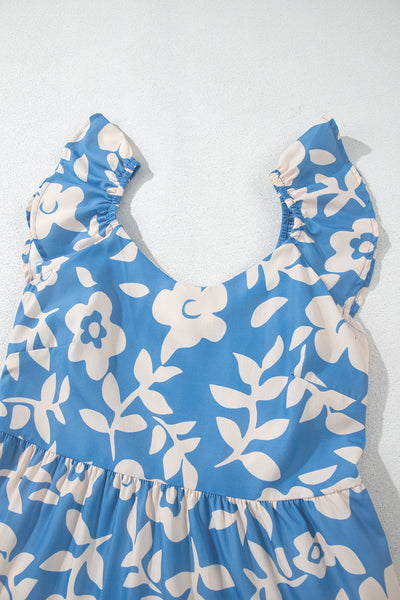 Blue Floral Ruffle Tiered Midi Dress