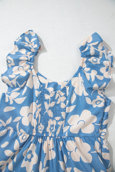 Blue Floral Ruffle Tiered Midi Dress