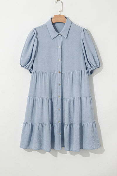 Sky Blue Tiered Puff Sleeve Dress