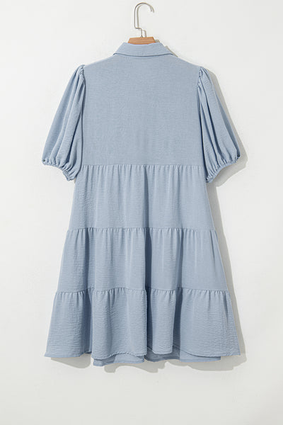 Sky Blue Tiered Puff Sleeve Dress