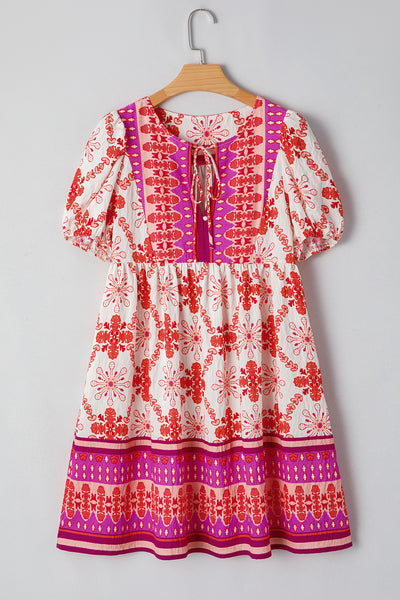 Vibrant Folk Print Puff Sleeve Mini Dress