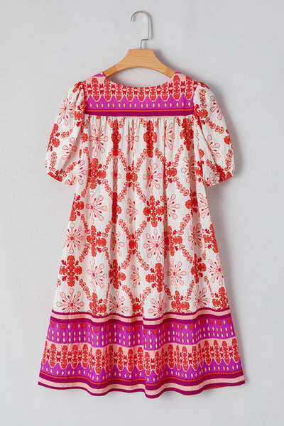 Vibrant Folk Print Puff Sleeve Mini Dress