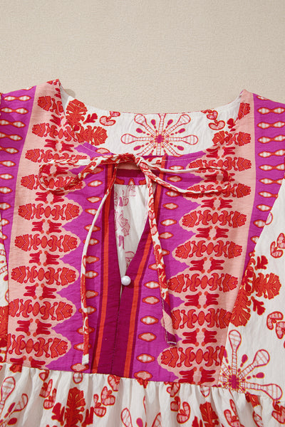 Vibrant Folk Print Puff Sleeve Mini Dress