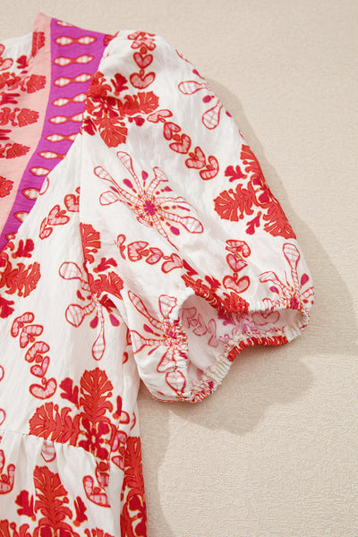 Vibrant Folk Print Puff Sleeve Mini Dress
