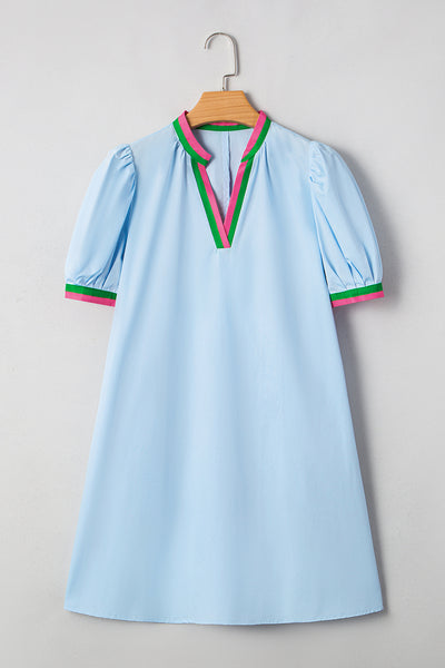 Sky Pop Trim Puff Sleeve Mini Dress