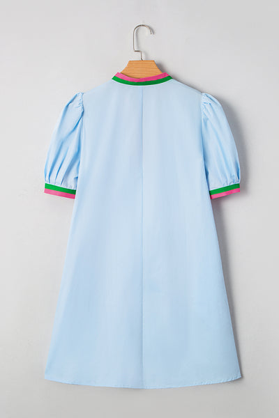 Sky Pop Trim Puff Sleeve Mini Dress