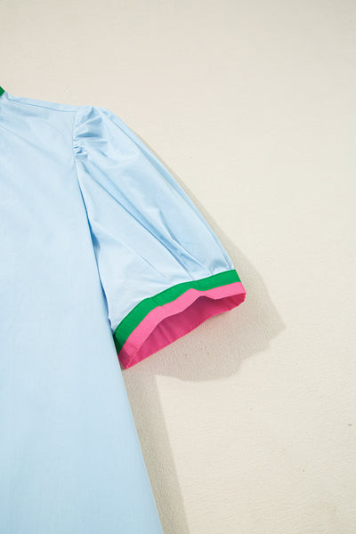 Sky Pop Trim Puff Sleeve Mini Dress