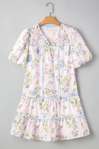 Ribbon Bloom Smocked Mini Dress