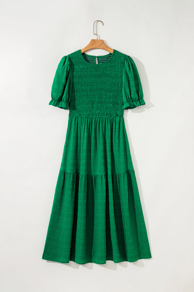 Emerald Whisper Smocked Midi Dress