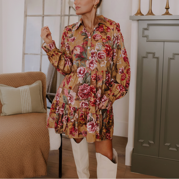 Autumn Bloom Tiered Shirt Dress