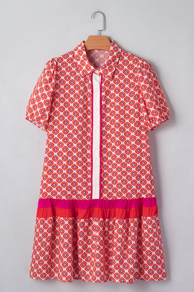 Coral Medallion Ruffle Shirt Dress