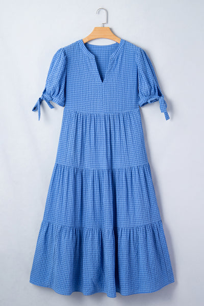 Sky Gingham Tie-Sleeve Midi Dress