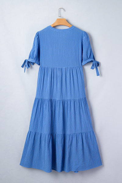 Sky Gingham Tie-Sleeve Midi Dress