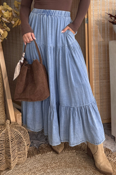 Prairie Breeze Tiered Denim Maxi Skirt