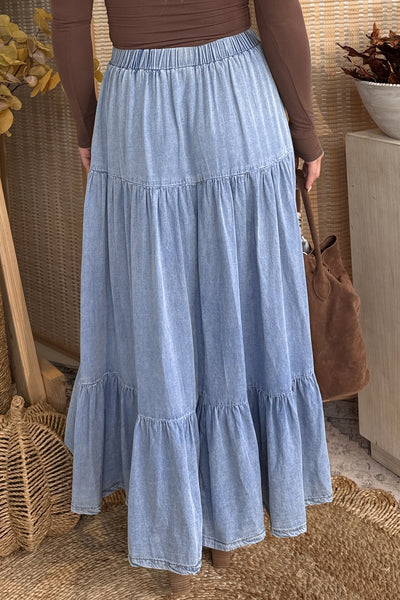 Prairie Breeze Tiered Denim Maxi Skirt
