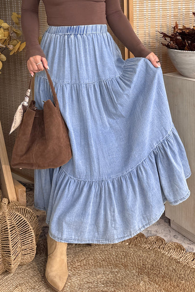Prairie Breeze Tiered Denim Maxi Skirt