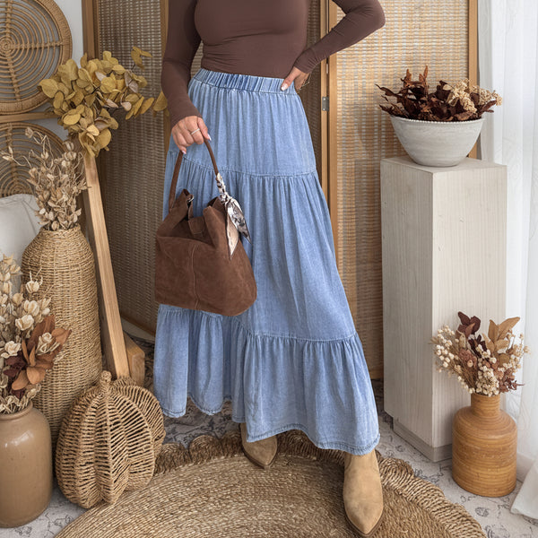Prairie Breeze Tiered Denim Maxi Skirt