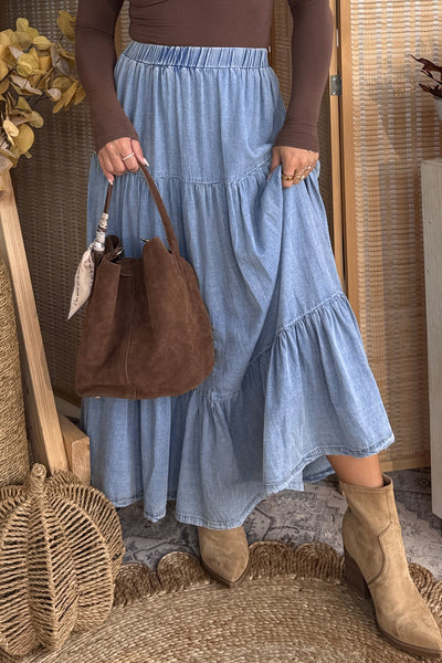 Prairie Breeze Tiered Denim Maxi Skirt