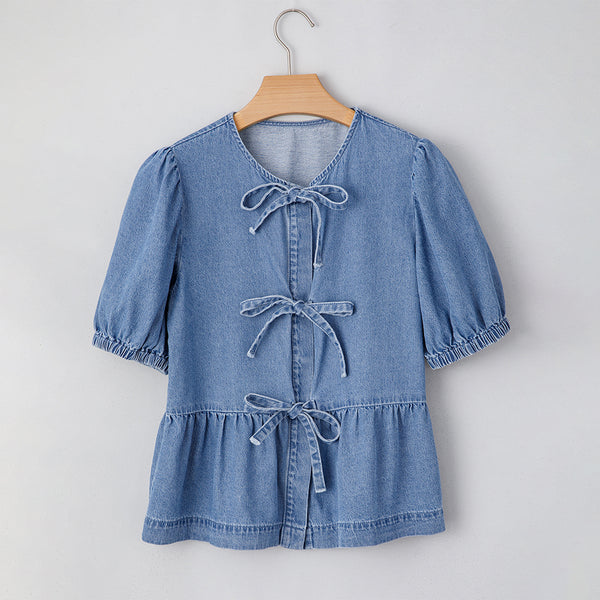 Denim Bow Peplum Top
