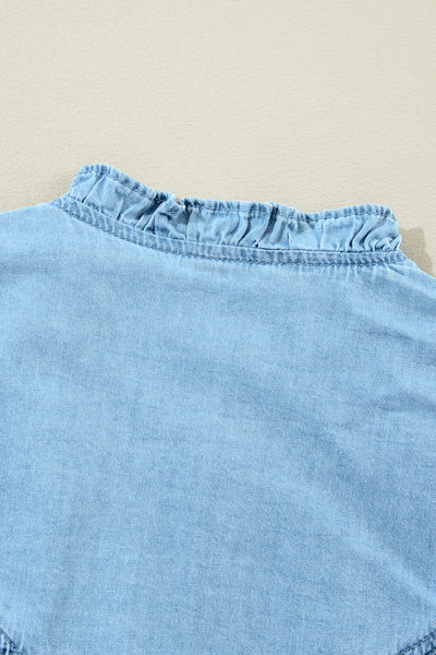 Sky Denim Ruffle Yoke Shirt Dress