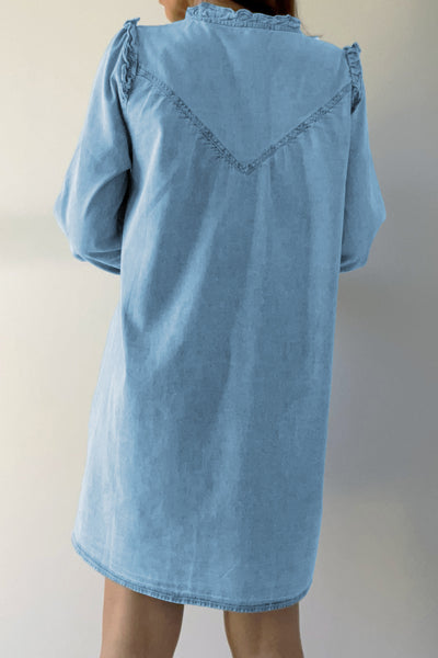Sky Denim Ruffle Yoke Shirt Dress