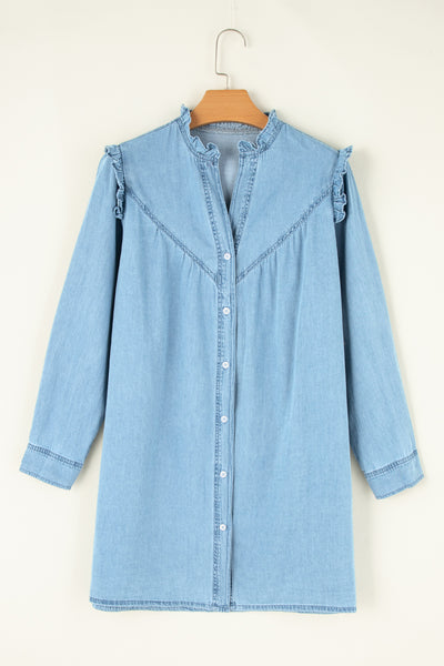 Sky Denim Ruffle Yoke Shirt Dress